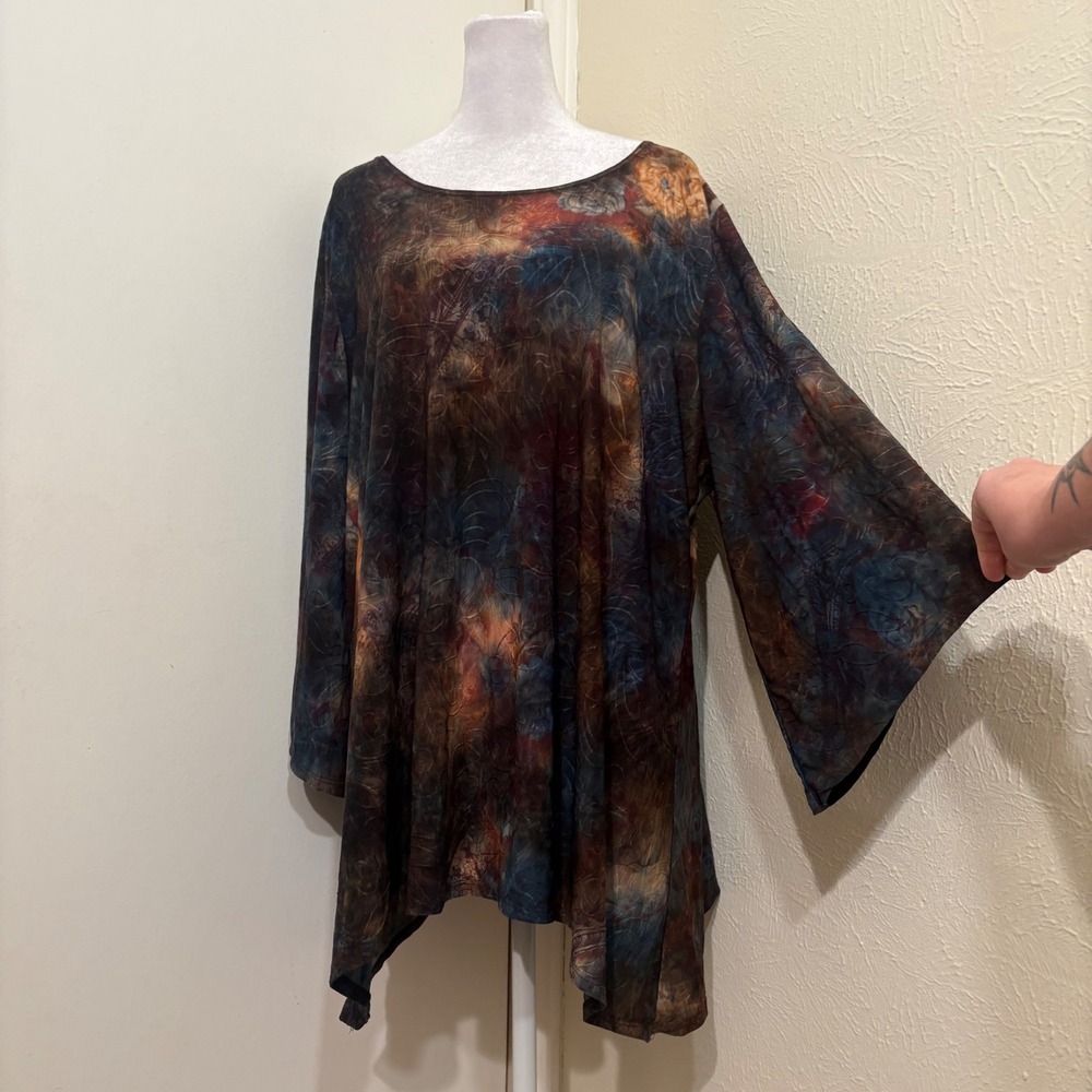 Purple Brown Blue Watercolor Flare Sleeve Fairycore Whimsigoth Tunic Top 2X
